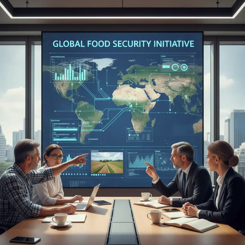Professionals collaborating on food supply chain data and strategy