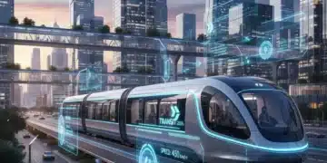 Public Transit Innovations 2026: Enhancing Safety & Efficiency in US Futuristic public transit vehicle in urban setting, symbolizing innovation and efficiency