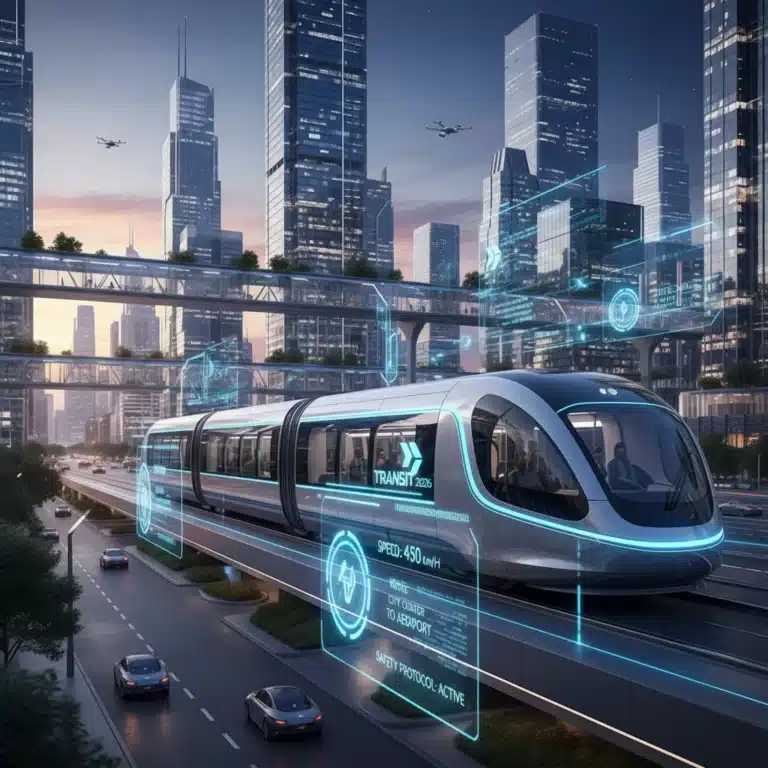 Futuristic public transit vehicle in urban setting, symbolizing innovation and efficiency