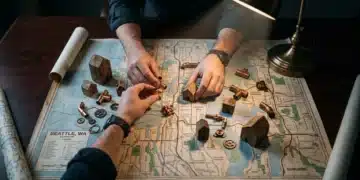 Navigating the US: A Comparative Blueprint for Career Growth, Essential Services & Personal Finance Overhead view of hands arranging miniature wooden houses, copper pipes, and metal gears on a detailed US city map, representing essential service setup decisions.