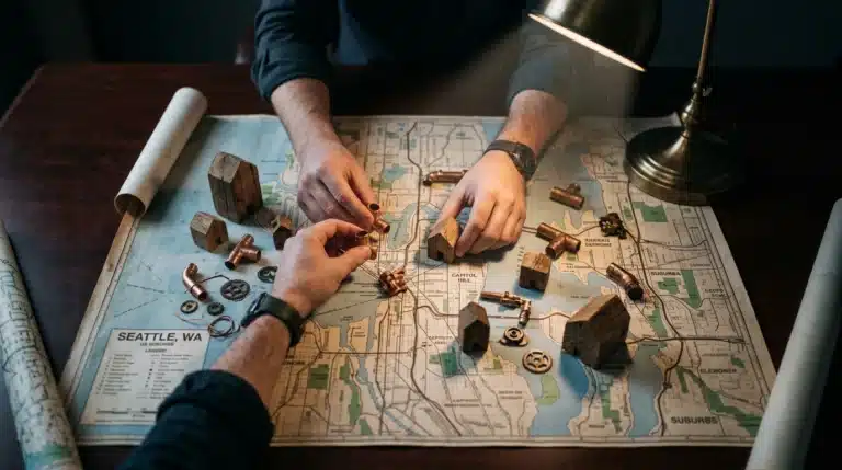 Overhead view of hands arranging miniature wooden houses, copper pipes, and metal gears on a detailed US city map, representing essential service setup decisions.