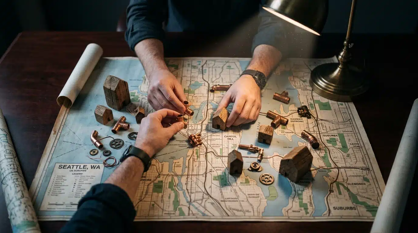 Overhead view of hands arranging miniature wooden houses, copper pipes, and metal gears on a detailed US city map, representing essential service setup decisions.