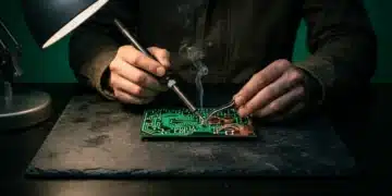 The Cognitive Science of Career Growth: Unlocking Your Professional Trajectory Close-up of hands connecting bioluminescent green circuits on a dark slate, illustrating neuroplasticity and skill acquisition in professional development.