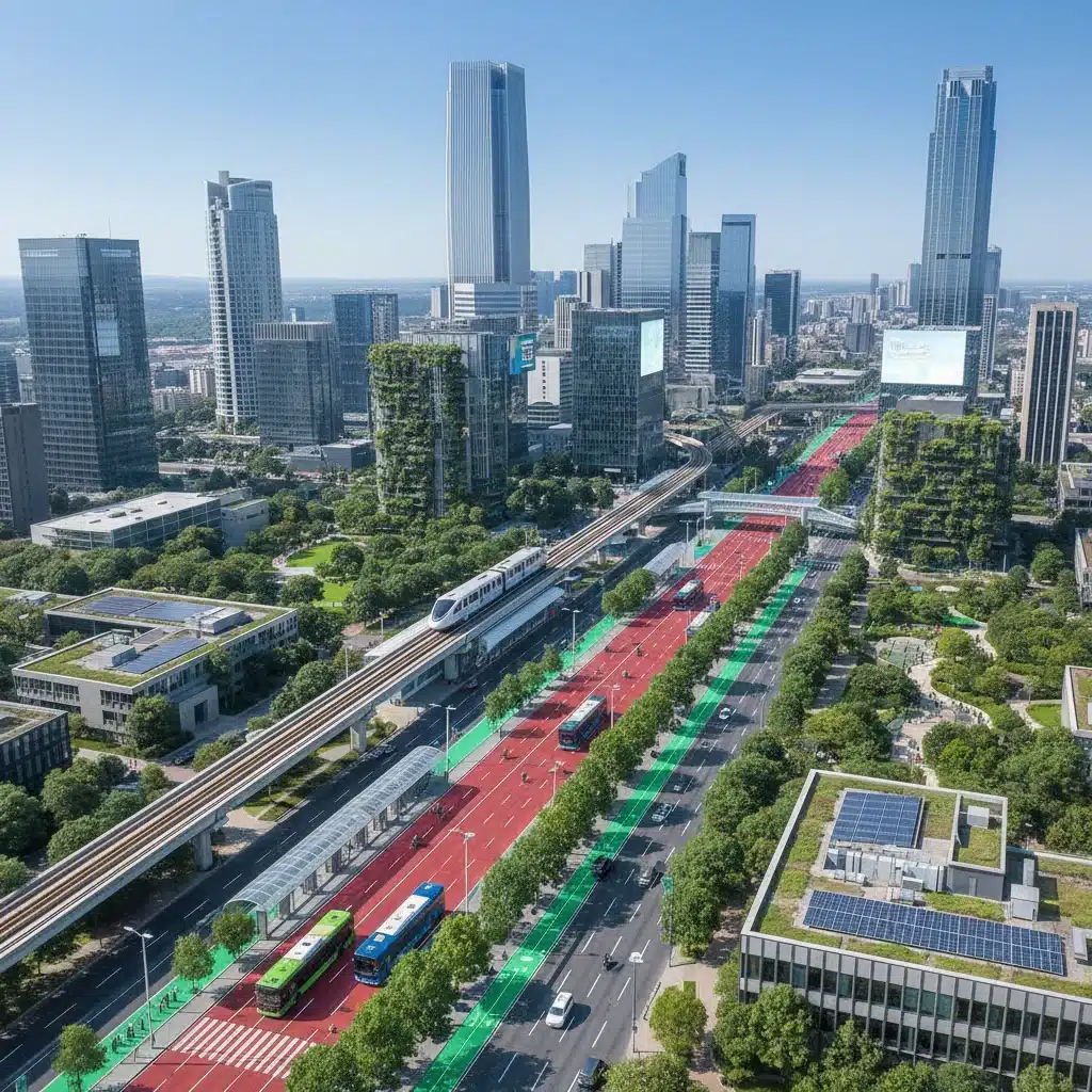 Aerial view of integrated urban public transportation network with green infrastructure.
