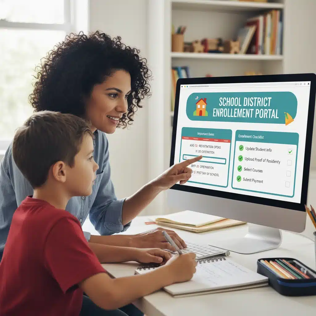 Parent and child reviewing online school enrollment portal.