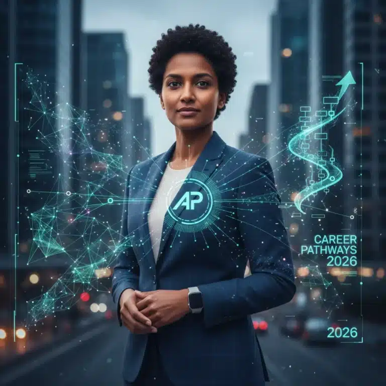 Professional navigating digital career landscape, personal branding future