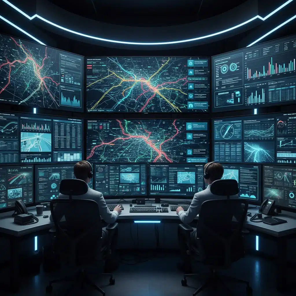 Smart traffic management center showing real-time public transit data and predictive analytics