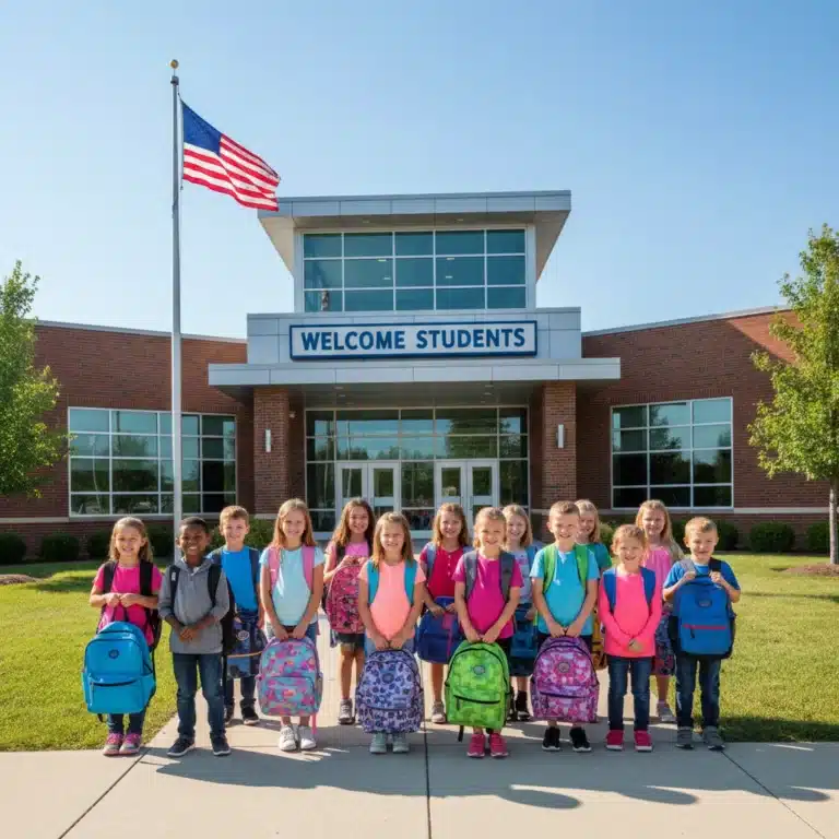 Children smiling in front of a US public school building, ready for enrollment.