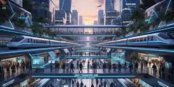 Modern public transportation hub in a US city at dusk, showcasing diverse transit options.